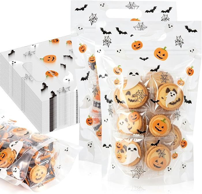 Engrowtic 100 Pcs Halloween Treat Bags Resealable Pumpkin Goodie Zipper Plastic Gift Bag with Han... | Amazon (US)