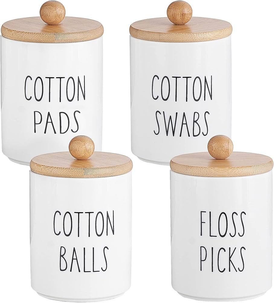 Mkono 4 Pack Qtip Holder Dispenser with Bamboo Lids, Ceramic Apothecary Jars for Bathroom Storage... | Amazon (US)