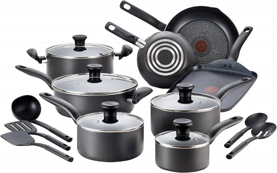 T-fal Initiatives Nonstick Cookware Set 18 Piece Oven Safe 350F Pots and Pans, Dishwasher Safe Bl... | Amazon (US)
