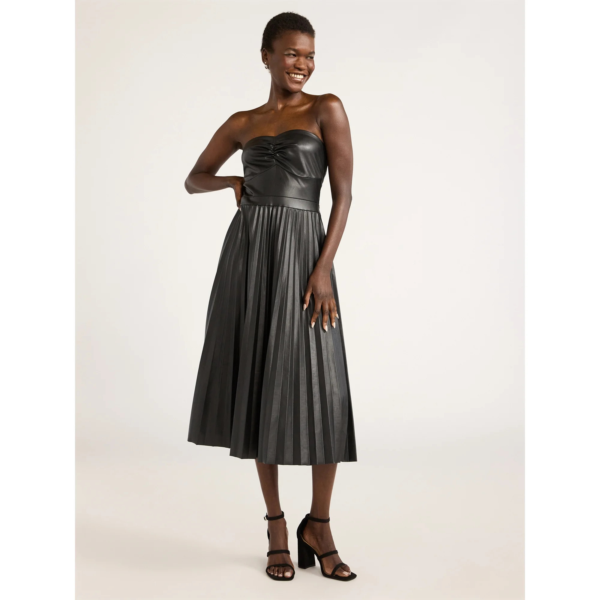 Scoop Women's Ultimate Faux Leather Strapless Pleated Midi Dress, Sizes XS-XXL | Walmart (US)