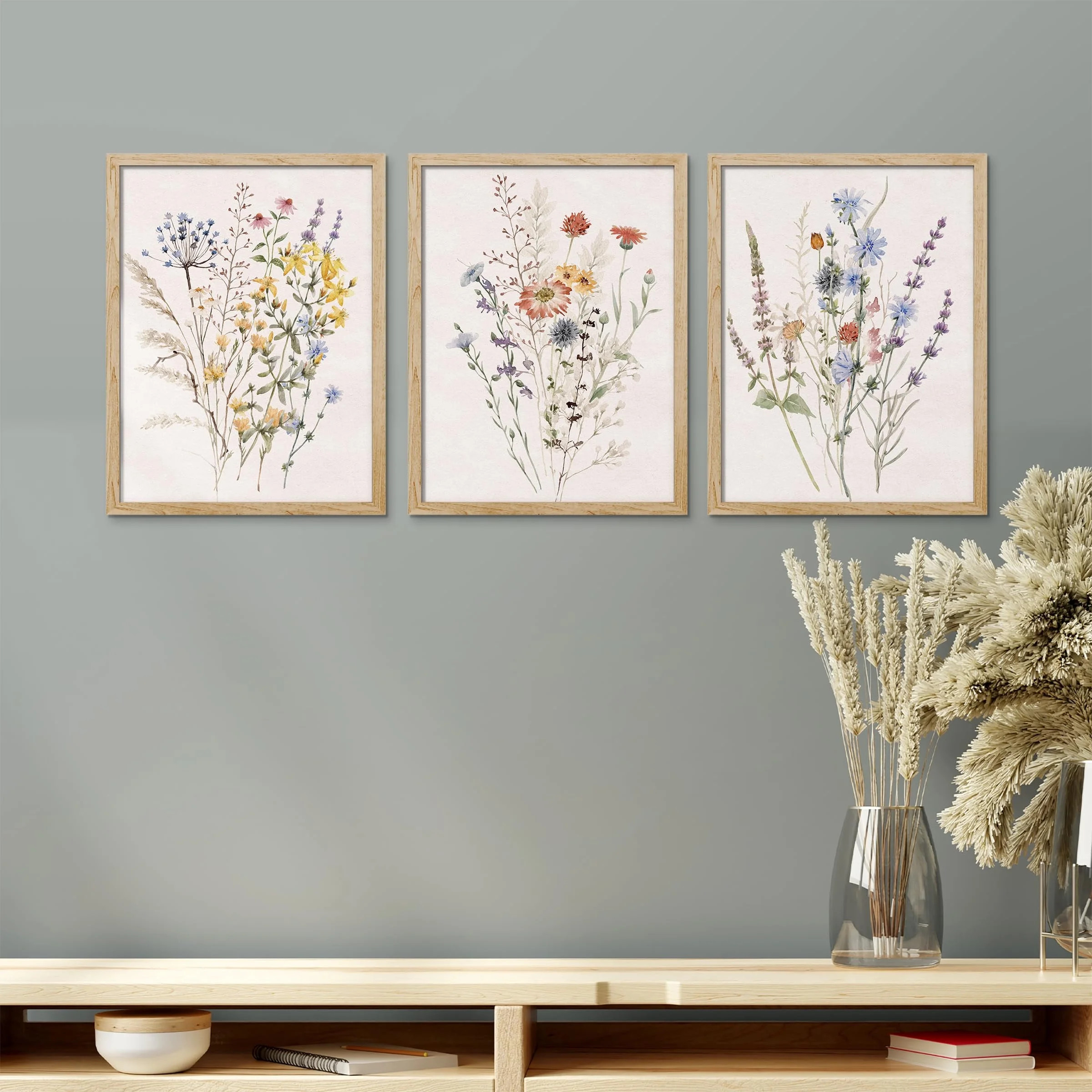PixonSign Framed Canvas Print Wall Art Set - Multicolor Wildflowers Poster Art - Set of 3 Waterco... | Walmart (US)