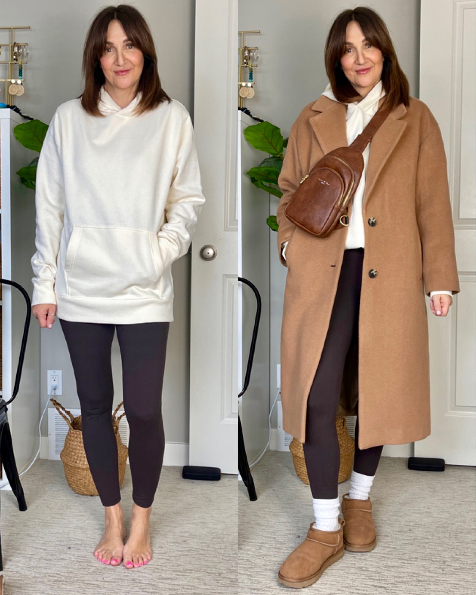Day 1 of no black in my outfits! Just cause it’s been my go to lately and I need a change and a challenge!
Leggings: Amazon size S/M, super soft and very high waisted, minimal compression 
Hoodie: men’s M, love the fit and it comes in more colors. Amazon’s sustainable line.
Socks and sling bag also Amazon.
Ultra mini Uggs are sold out but I linked similar 
My coat is Aritzia so I can’t link it but I found several similar 

#LTKstyletip #LTKshoecrush #LTKFind