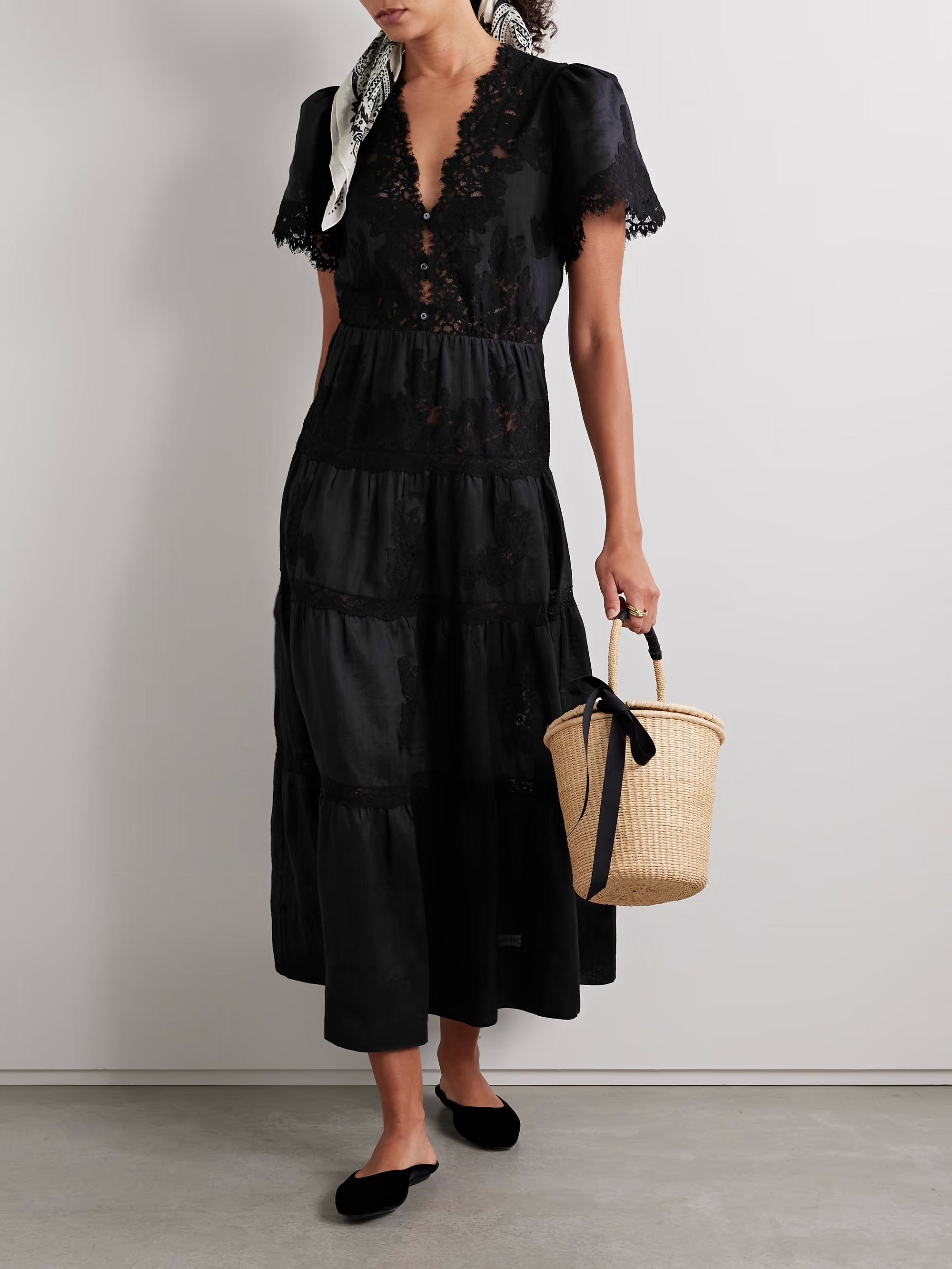 Graciela tiered corded lace-paneled ramie midi dress | NET-A-PORTER (US)