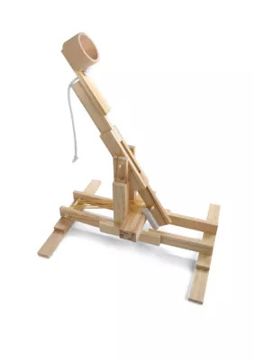 MindWare KEVA Catapult Building Set, wooden plank desktop catapult kit with soft balls and target mat