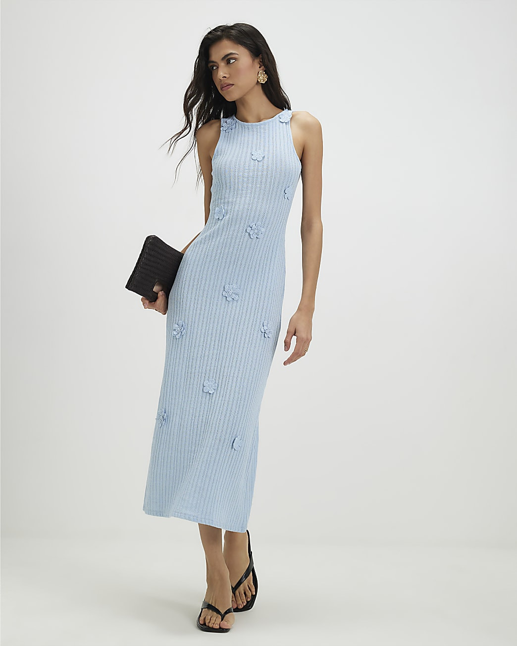 Blue Cotton Blend Flower Detail Midi Dress | River Island UK & IE