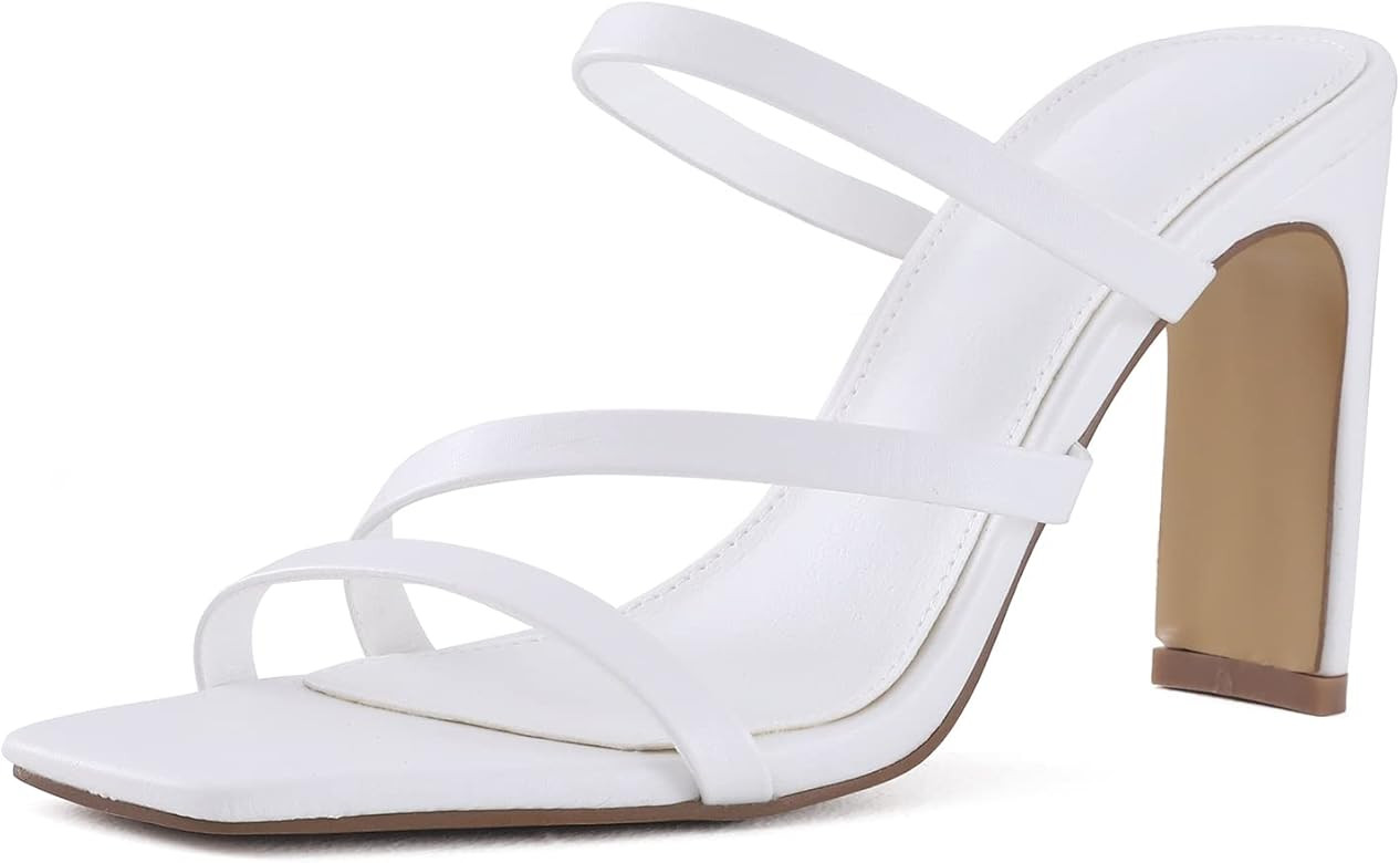 LACUONE Women's High Heels Square Toe Sandals Block Heeled Strappy Mules Backless Slippers | Amazon (US)