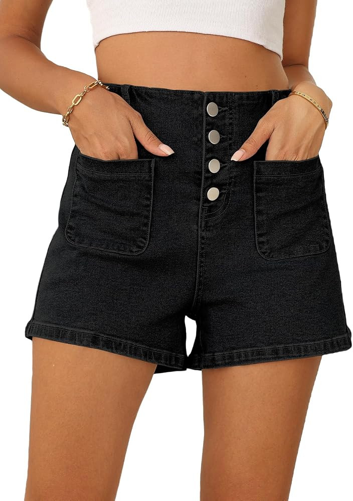 Sidefeel Women's Jean Shorts Button Fly Stretchy High Waisted Summer Denim Shorts Pants with Pock... | Amazon (US)