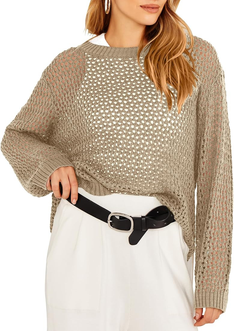 ANRABESS Women's Crochet Cover Up Sweater Top Hollow Out Long Sleeve Beach Mesh Shirt Pullover To... | Amazon (US)