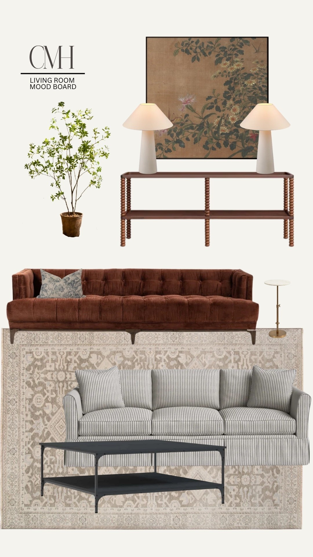 This living room mood board makes me want to curl up with a blanket and never leave. I started with this striped sofa because it’s classic but still feels relaxed, and I love it paired with this rich rust velvet sofa. The combo is so cozy and layered!

I love this rug too! If you know me, you know I love to mix patterns - so I love the striped sofa with this rug. For the console wall, I went with this spindle-leg console table (those legs!) and topped it with a pair of modern white lamps for soft, warm light. Behind it all, this vintage-style floral art adds just the right amount of moodiness.

Of course, I had to add a little faux greenery — this potted plant instantly makes the space feel alive. And this brass-and-marble side table is perfect!

It’s warm, it’s inviting, and it’s full of pieces you’ll love for years.

home decor, neutral decor, living room

#LTKFamily #LTKStyleTip #LTKHome