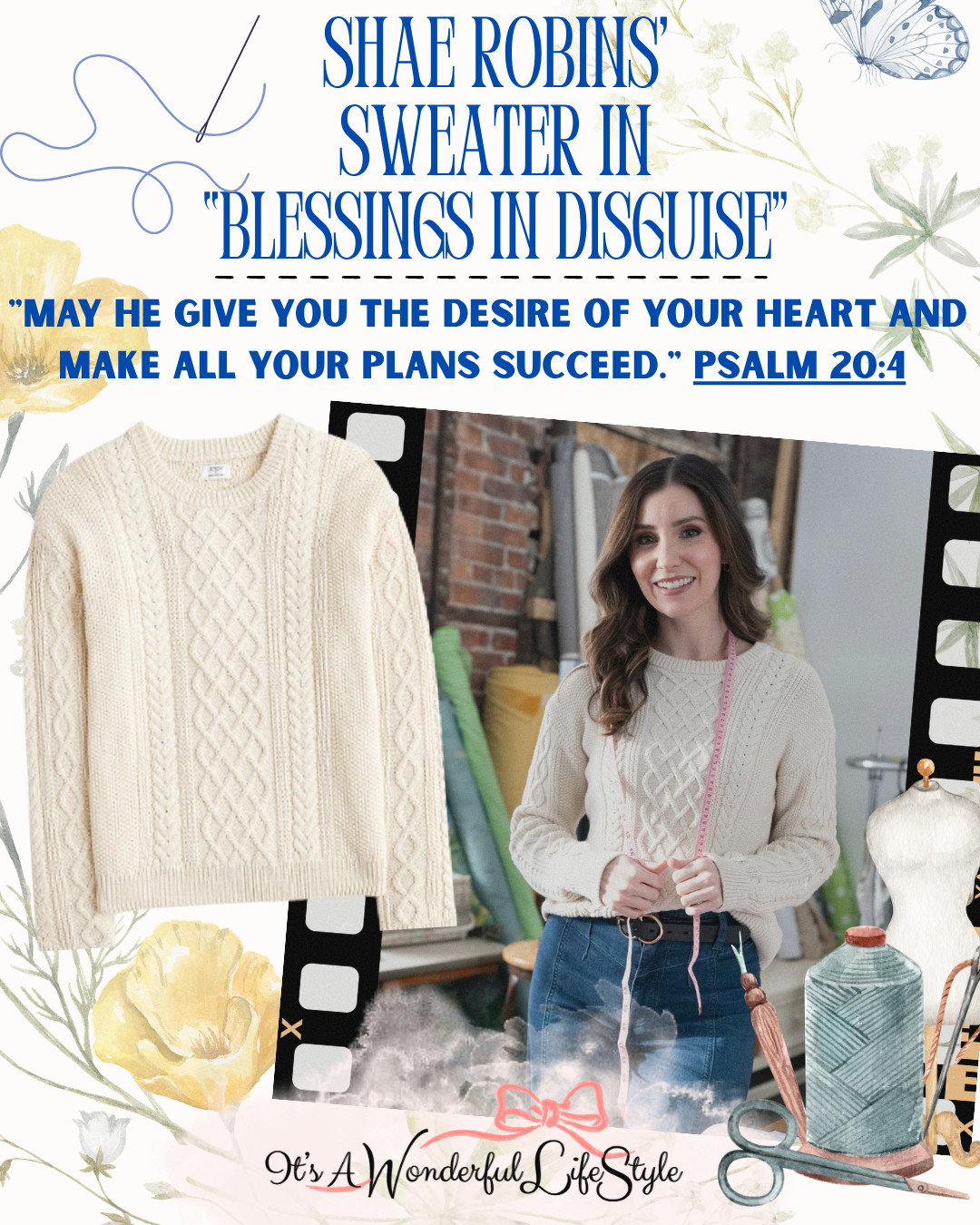 There’s something so effortlessly timeless about this Cable Crewneck Sweater from "Blessings in Disguise." The classic cream cable-knit sweater worn by Shae Robins is the kind of piece that never goes out of style... soft, understated, and beautifully detailed. Paired with denim and a measuring tape draped around her neck, it perfectly captures the heart of both fashion and craftsmanship.

It’s simple… but it speaks volumes.

In a world that constantly pushes bold trends and fast fashion, this look gently reminds us of the beauty found in the basics, the pieces that are thoughtfully made, intentionally chosen, and rooted in something deeper than what’s trending. 

 #LTKSaleAlert