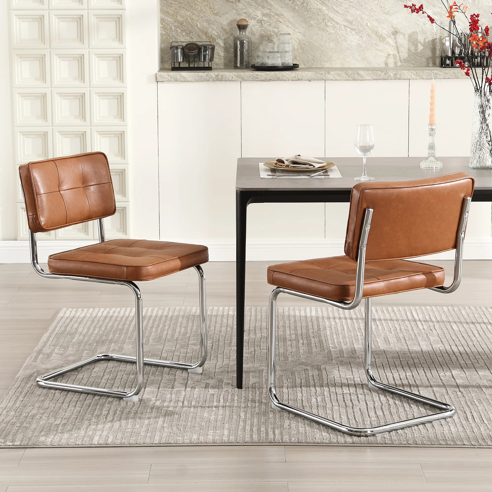 Aveon 19.3" H Mid Century Modern Tufted Leather Side Dining Chair with Steel Frame (Set of 2) | Wayfair North America