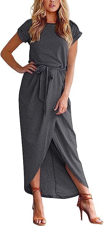 Yidarton Women's Casual Short Sleeve Slit Solid Party Summer Long Maxi Dress | Amazon (US)