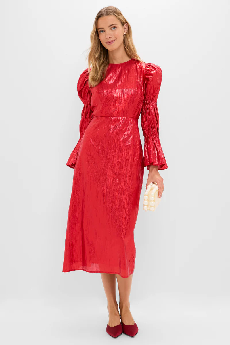 Red Metallic Plisse Puff Sleeve Darcy Midi Dress | Tuckernuck (US)