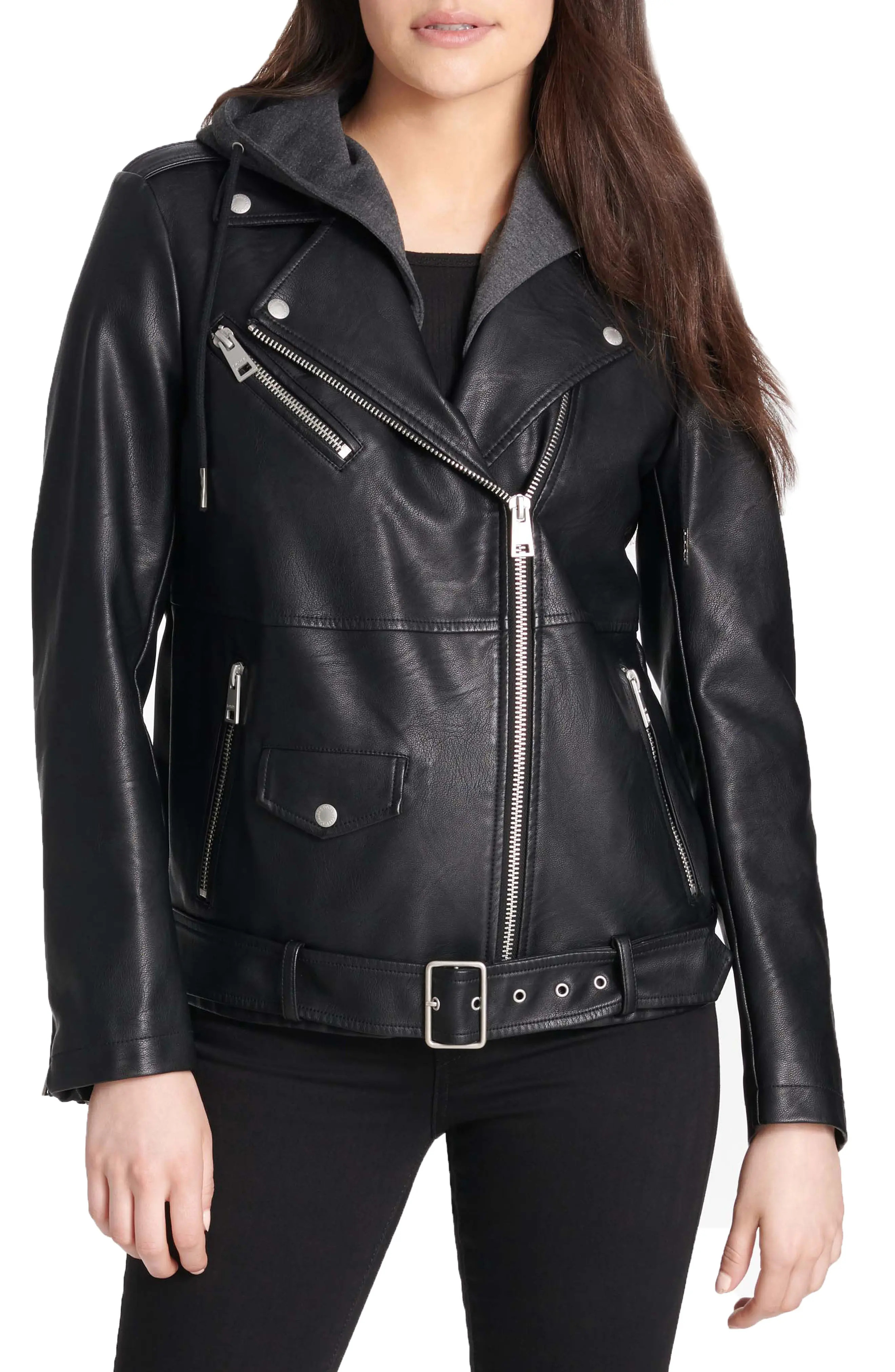 Women's Levi's Oversized Faux Leather Motorcycle Jacket With Fleece Hood, Size Small - Black | Nordstrom
