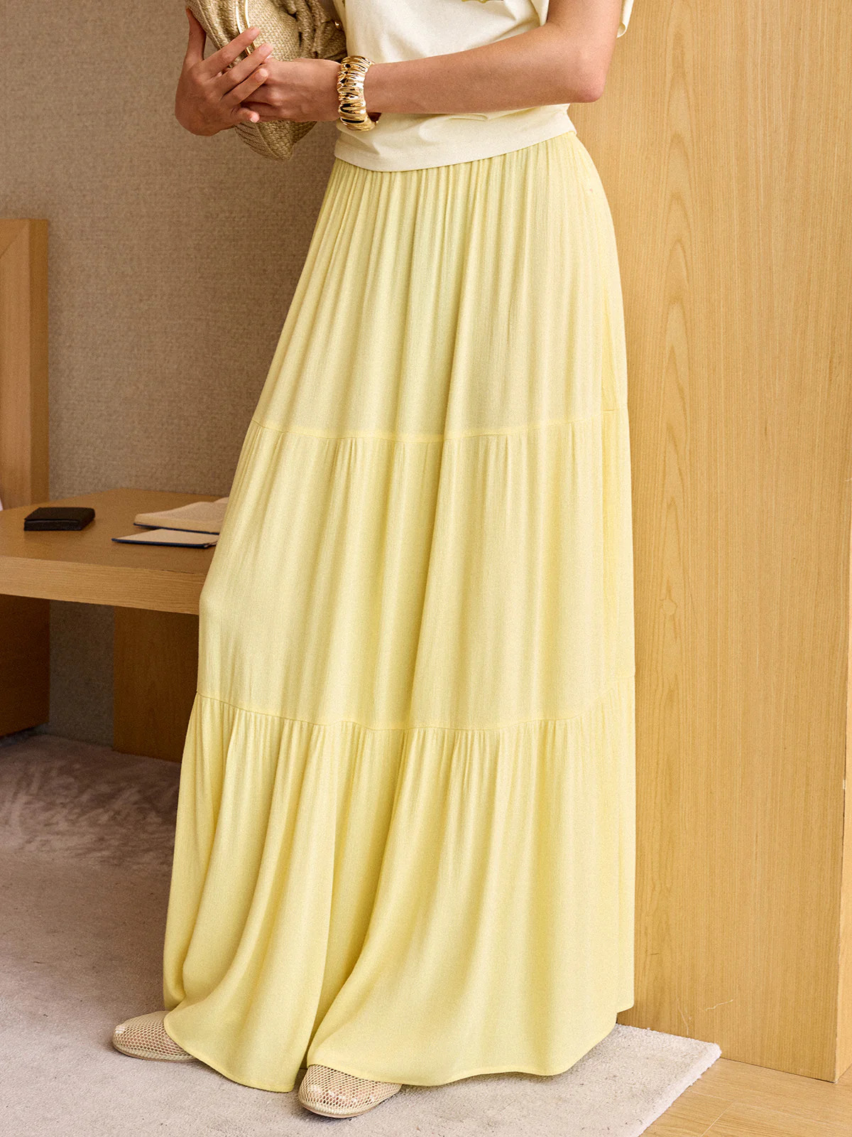 Semi-Sheer Tiered Maxi Skirt with Elastic Waist | Commense
