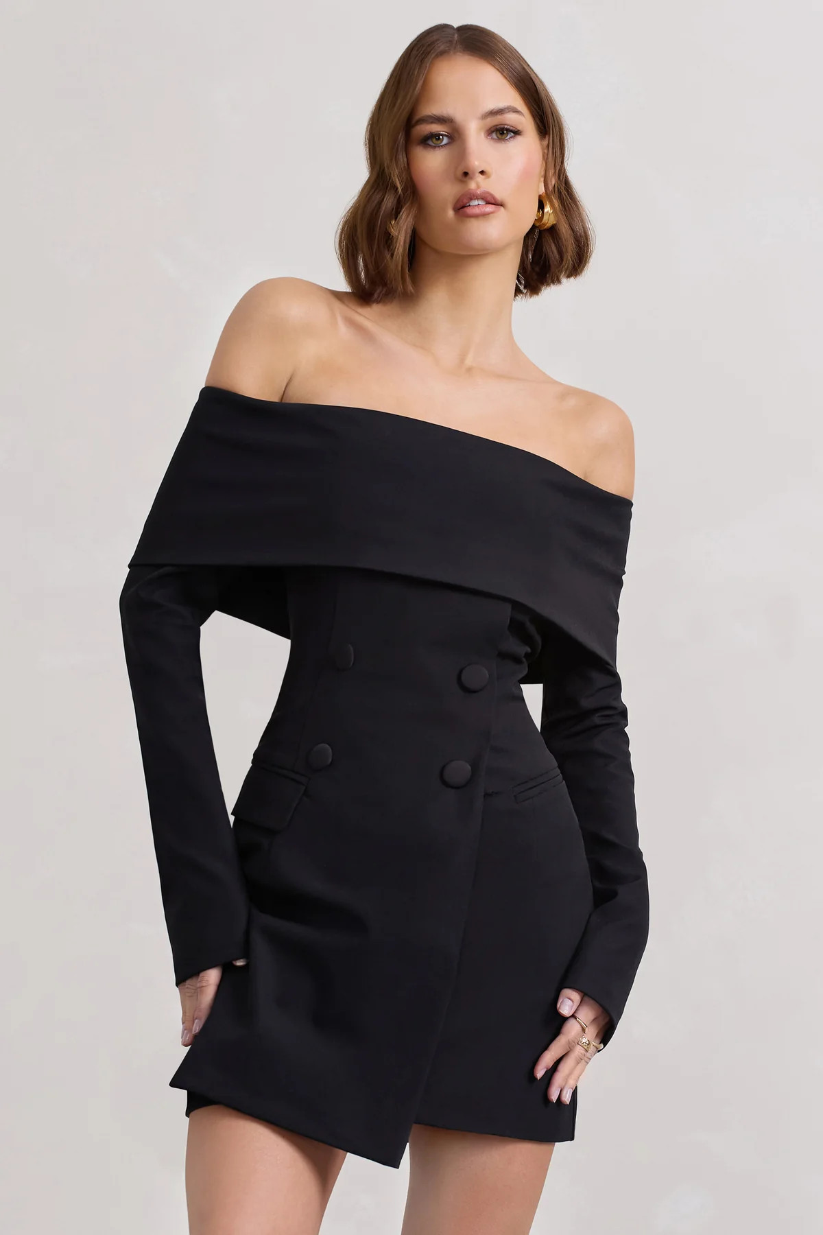 Tara | Black Bardot Tailored Blazer Dress | Club L London