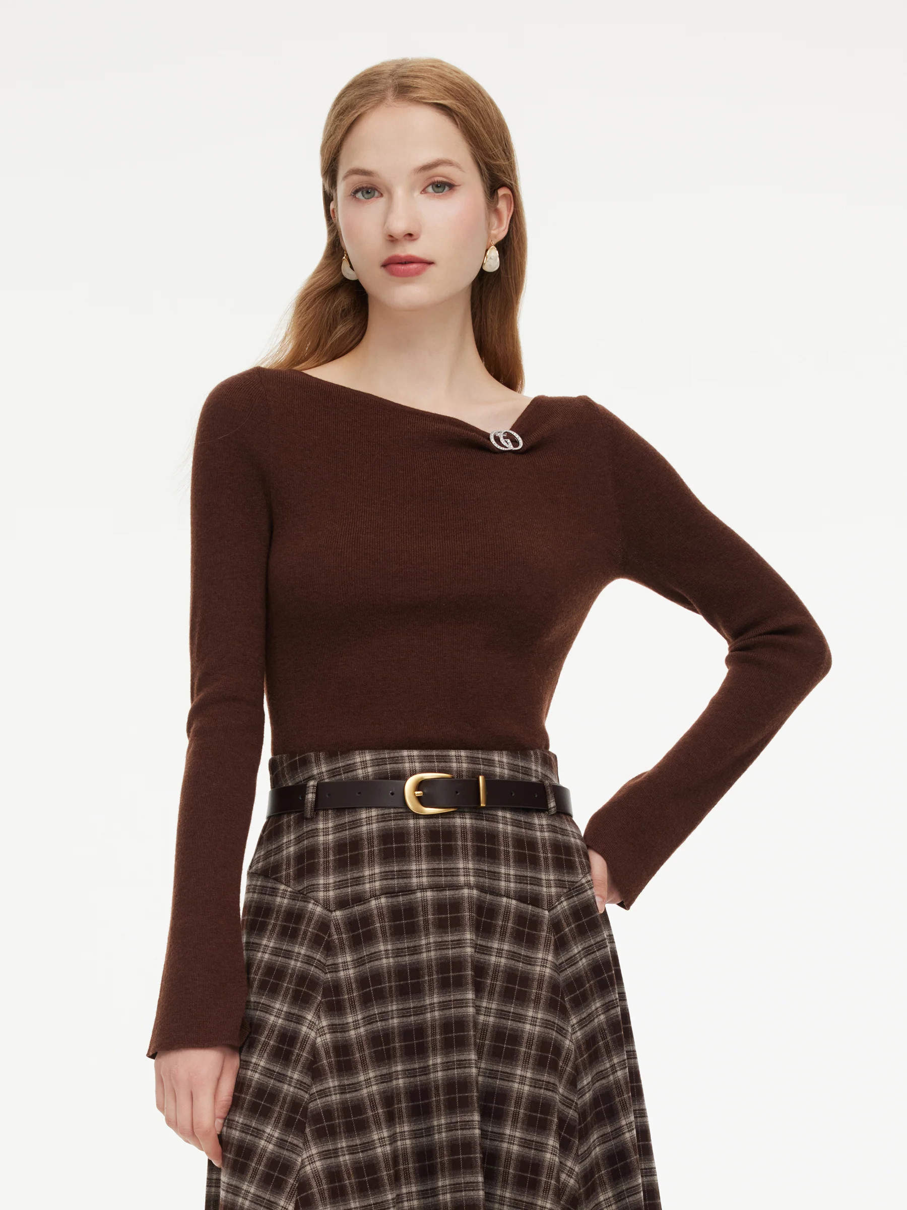 Wool Blend Boat Neck Women Knit Top With GO Letter Clip | GOELIA