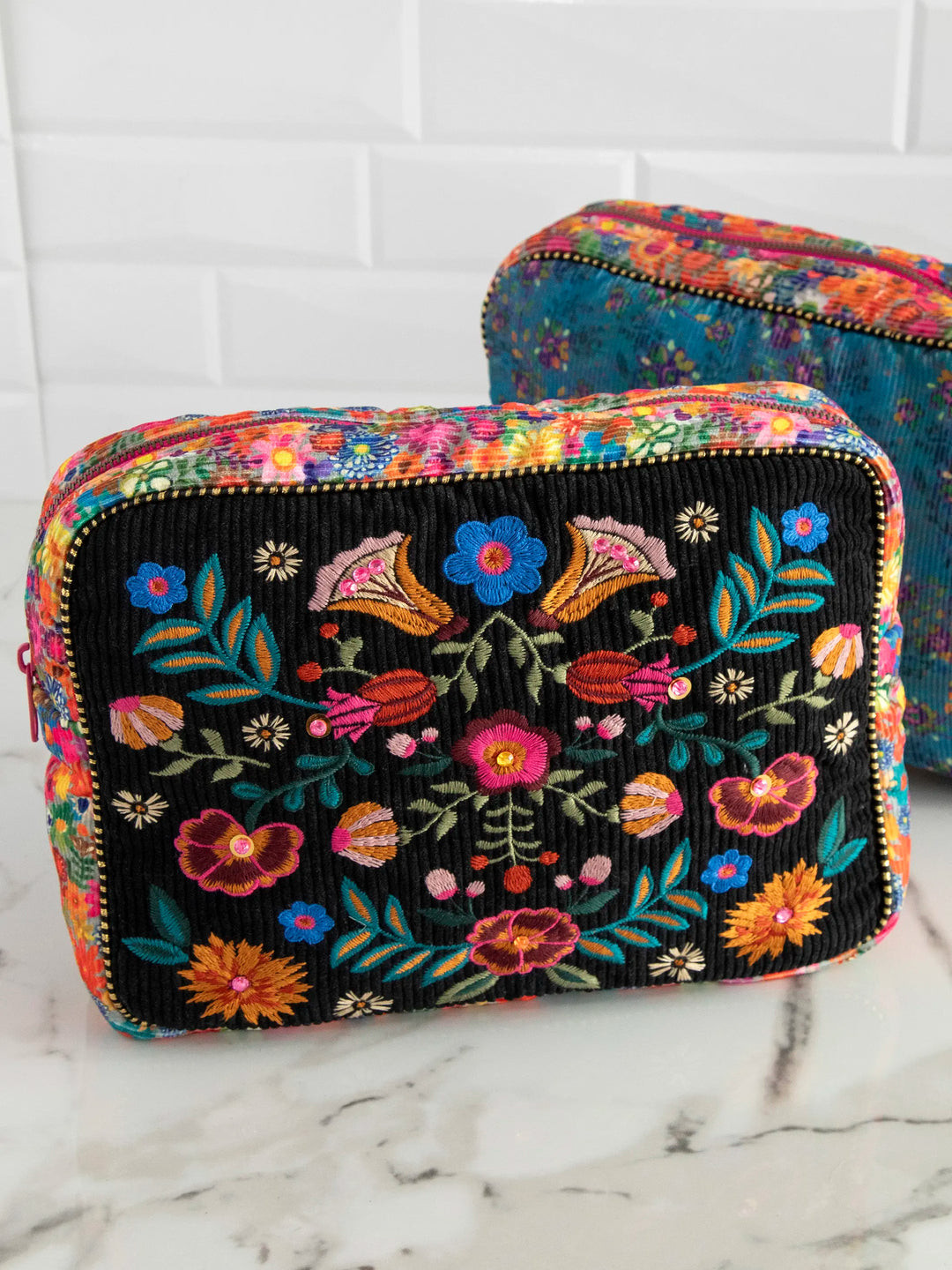 Embroidered Corduroy Cosmetic Pouch - Black Folk Flower | Natural Life