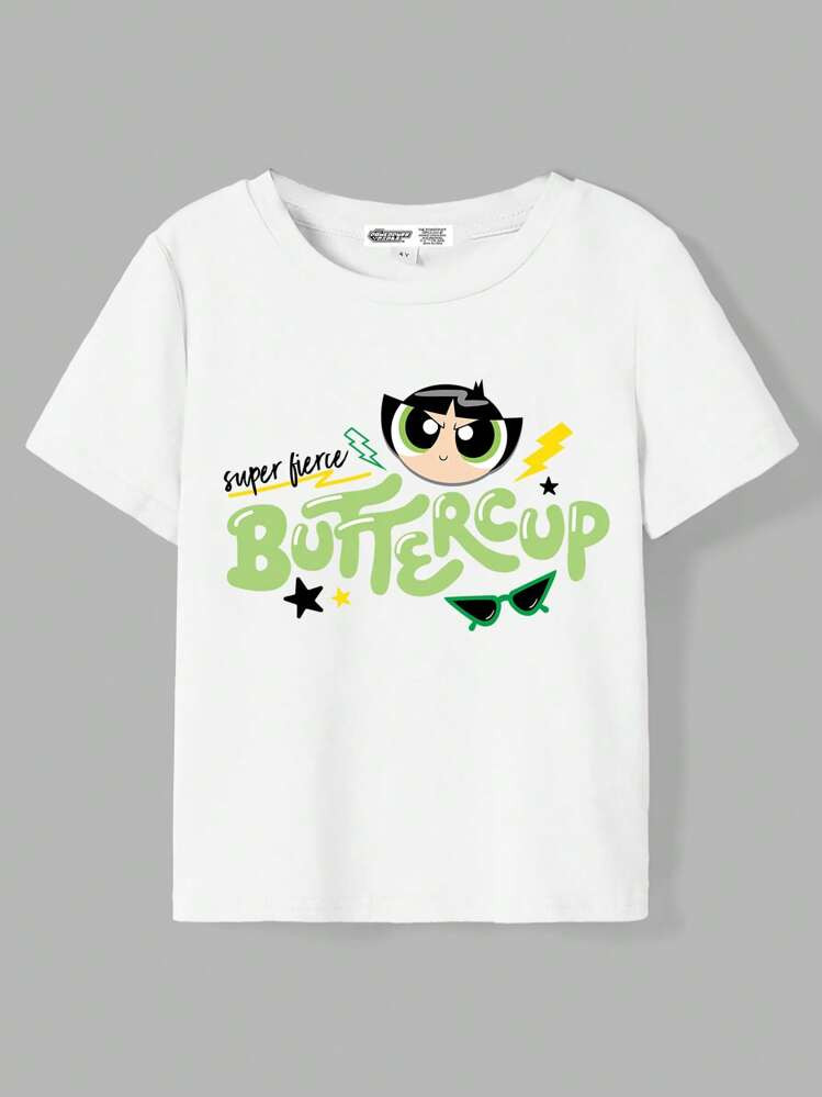 THE POWERPUFF GIRLS X SHEIN Young Girl Casual Letter & Buttercup Print Round Neck Short Sleeve T-... | SHEIN