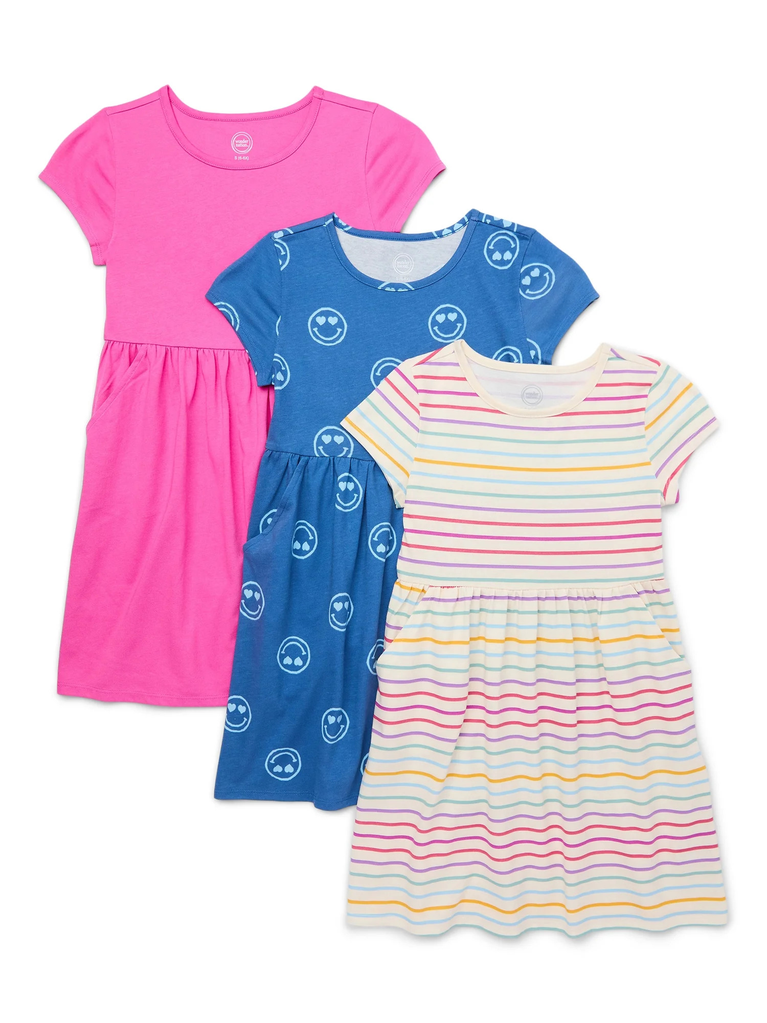 Wonder Nation Girls Short Sleeve Play Dress, 3-Pack, Sizes 4-18 & Plus - Walmart.com | Walmart (US)