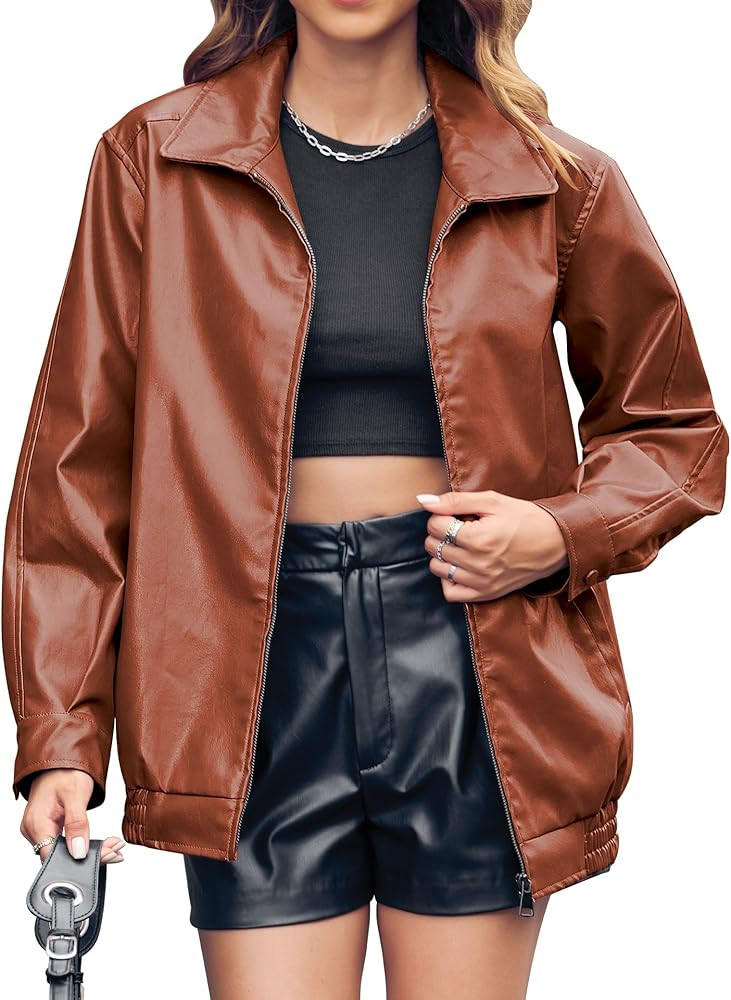 Miladusa Womens Oversized Leather Jackets Faux Casual Zip Up Trendy Bomber Motorcycle Jacket with... | Amazon (US)