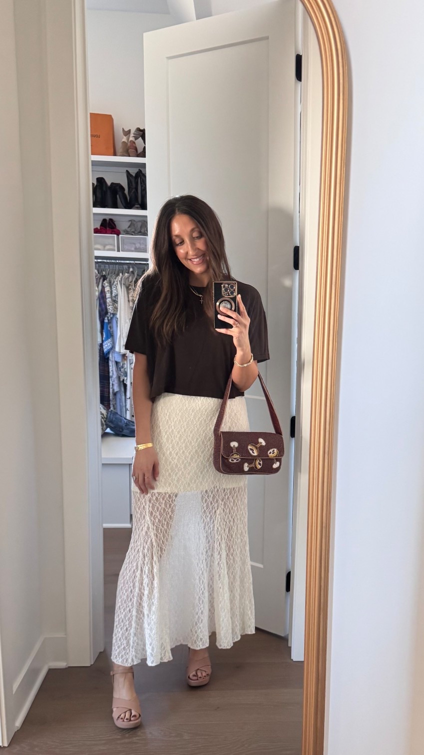 This is the ￼easiest girls night out outfit! this top is no longer available in brown, but I did link other colors. Would you believe it if I told you it was from the athletic section? 

The skirt is the softest lace and is only $30! Definitely SIZE DOWN! I normally wear a medium and the small fits just right. 

#LTKTall #LTKmomlife #LTKootd