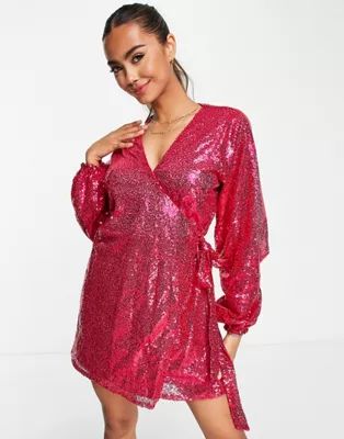 In The Style Exclusive sequin wrap detail mini dress in cerise pink | ASOS (Global)