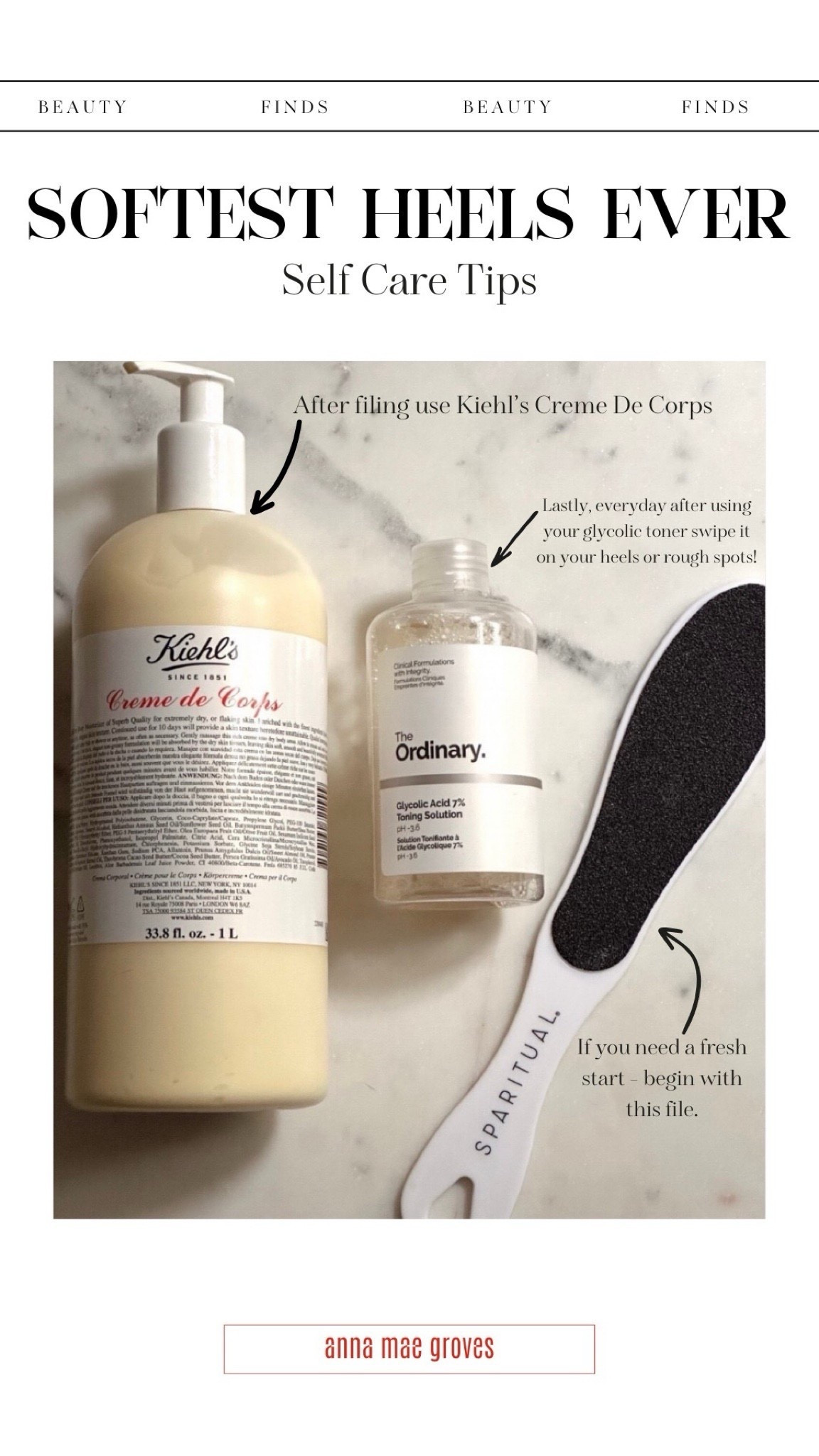 Ok I’ve found the combo that will make your feet so soft! If you need to get a fresh start, begin with THIS FILE- I’ve never used a file that worked so well. Then follow with Kiehls crème de corps. This is my all time favorite body lotion that JUST WORKS and leaves a beautiful glow on the skin. So hydrating! And then every day after you use your glycolic toner, sweep it onto the heels or rough spots on the feet and I swear you will never see another flake or crack on your feet ever again! Maintain by using the glycolic every other day and always use the crème de corp daily.

#LTKOver40 #LTKBeauty #LTKFindsUnder50