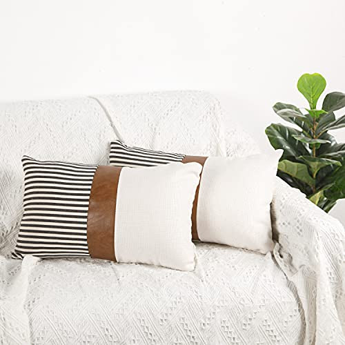 12x20 Pillow Covers Set of 2 Farmhouse Decor Stripe Patchwork Linen Throw Lumbar Pillow Covers Modern Faux Leather Covers for Couch Sofa, Black | Amazon (US)
