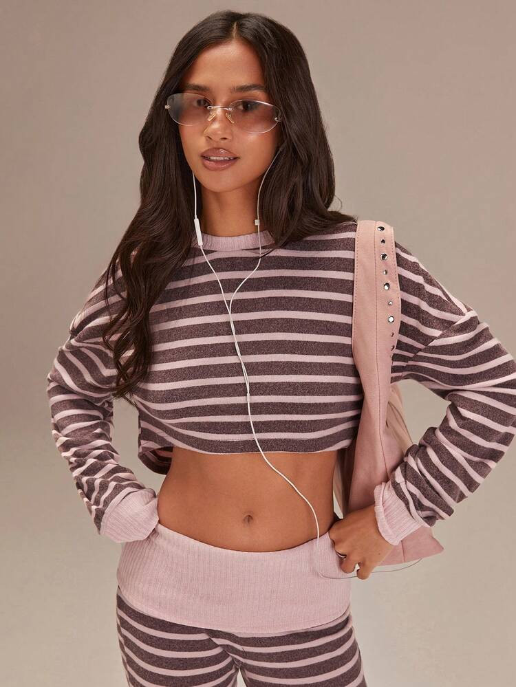 Athîral Women's Casual Pink And Brown Striped Drop-Shoulder Cropped Top,Comfortable And Soft Knit Fabric, Cropped Long Sleeves And A Relaxed Fit,Casual For Women,Valentines For Women,Spring Breaks,Striped Top,Casual For Women | SHEIN