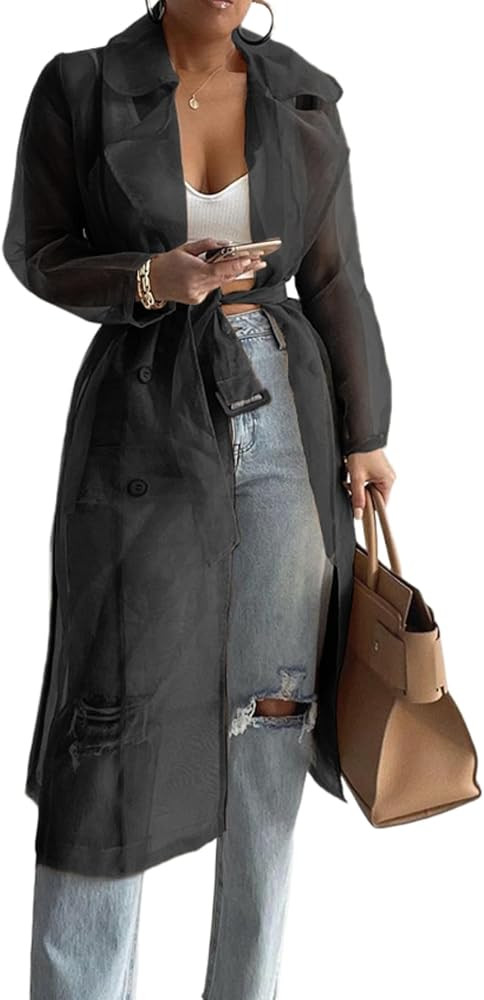 CHICME Women Longline Trench Coat Sheer Mesh Sleeve Buttoned CoatTransparent Jacket Coat with Bel... | Amazon (US)