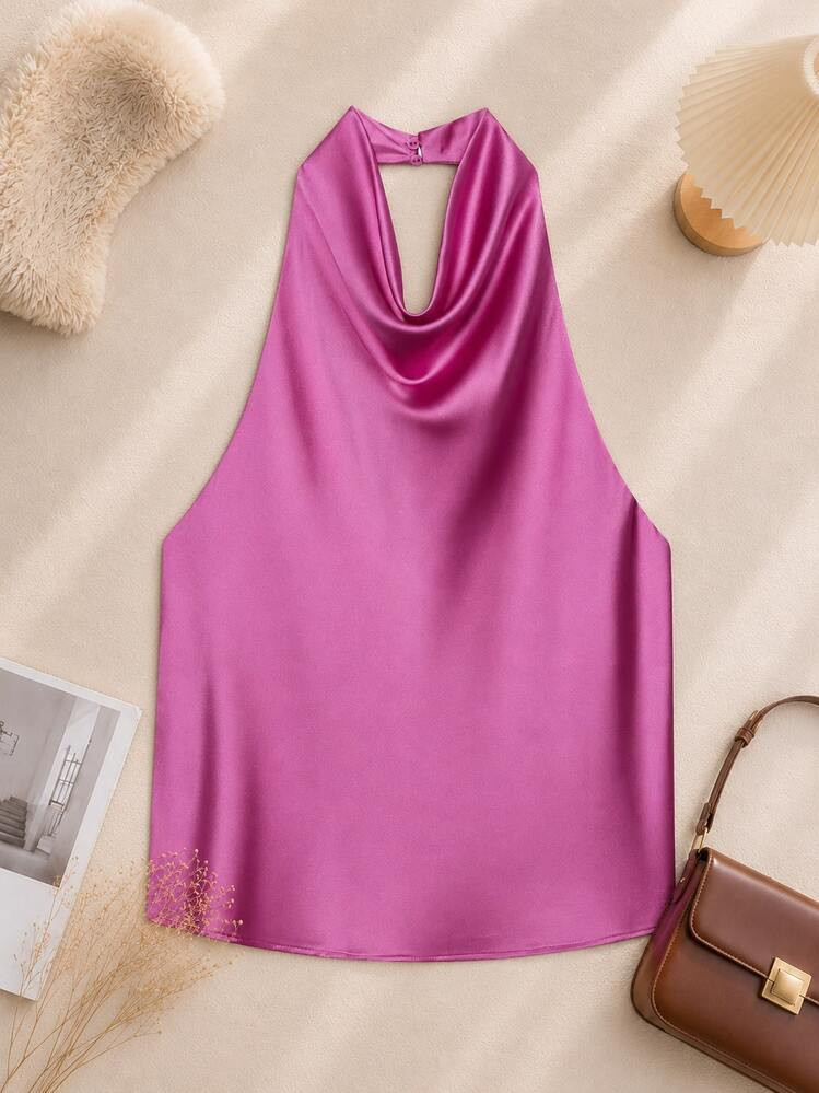 Sleeveless Satin Halter Neck Backless Top, Spring/Summer | SHEIN