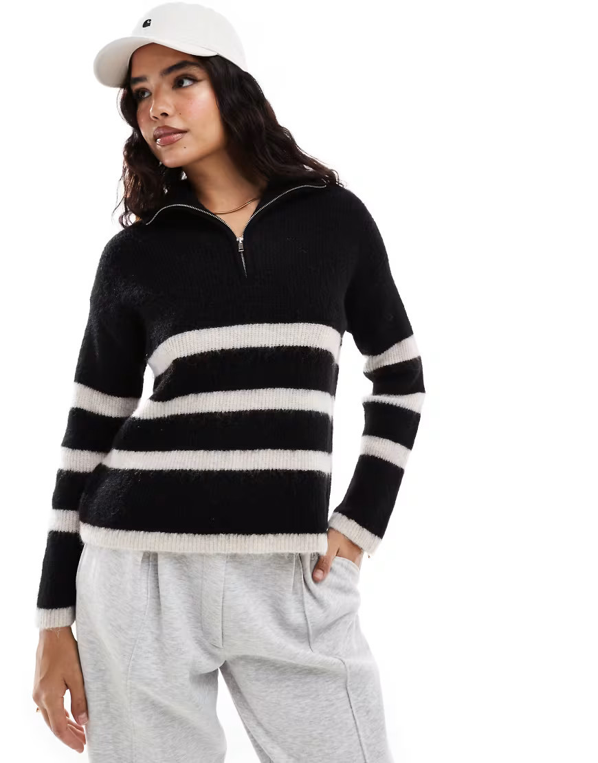 Selected Femme half zip knitted merino wool blend stripe jumper in black with white stripe | ASOS (Global)