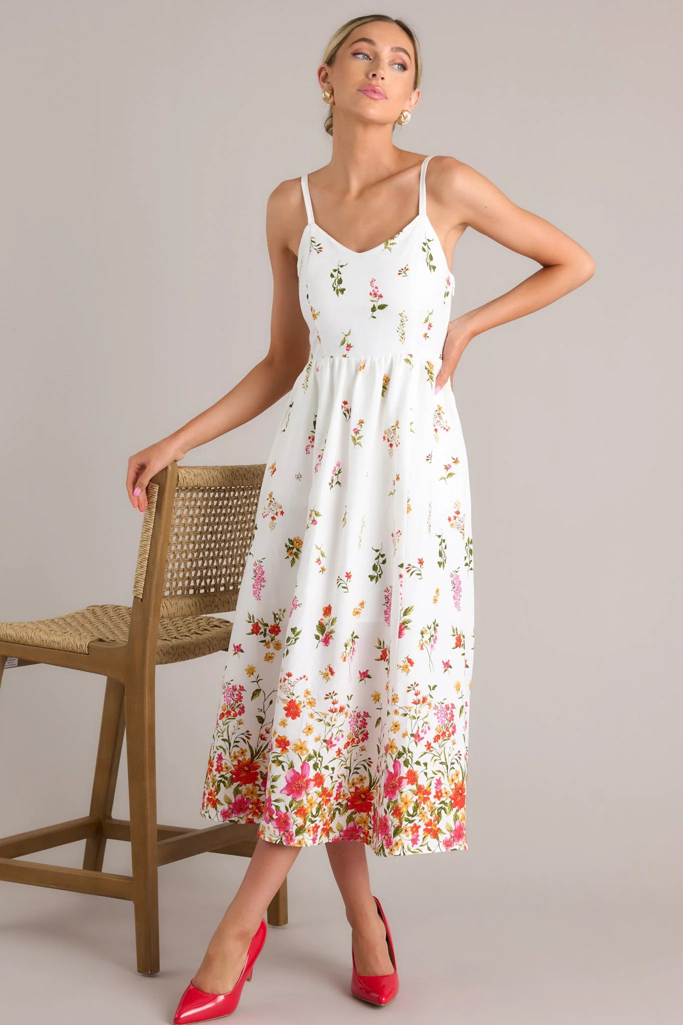 Botanical Queen Ivory Floral Linen Midi Dress | Red Dress
