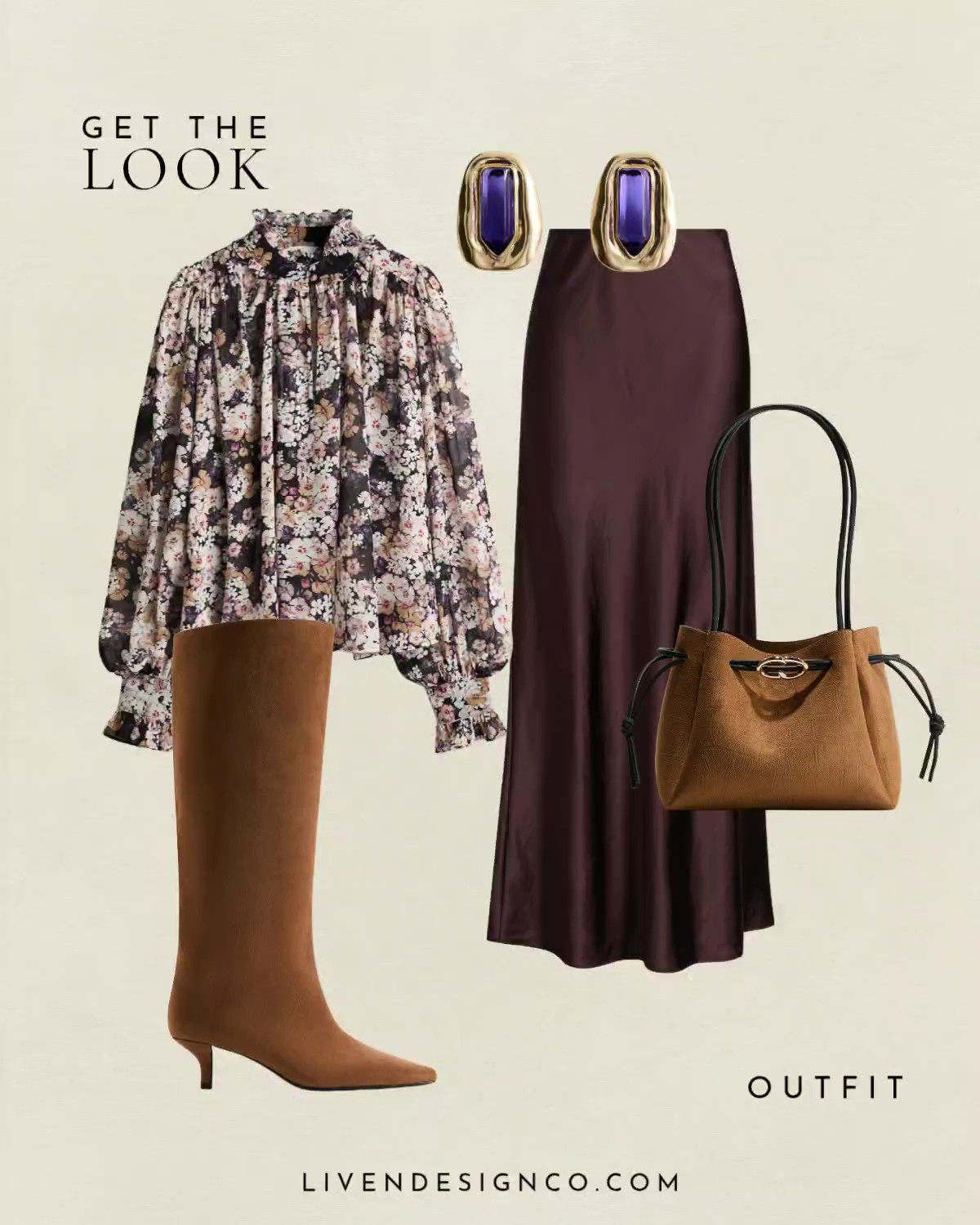 Dark purple skirt outfit. Fall style. Outfit inspo. Satin midi skirt. Maxi skirt. Plum skirt. Burgundy. Silk skirt. Floral blouse. Statement earrings. Suede handbag. Suede boots. Stiletto heels. 

#LTKSeasonal #LTKSaleAlert