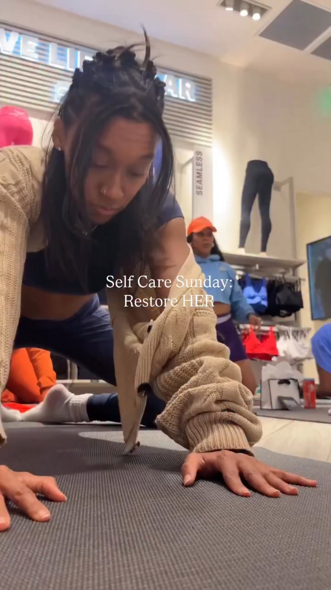 New Experience Unlocked: Hitting Child’s Pose in a retail store 🤭 the stretches and mindfulness were A1 though 🥂