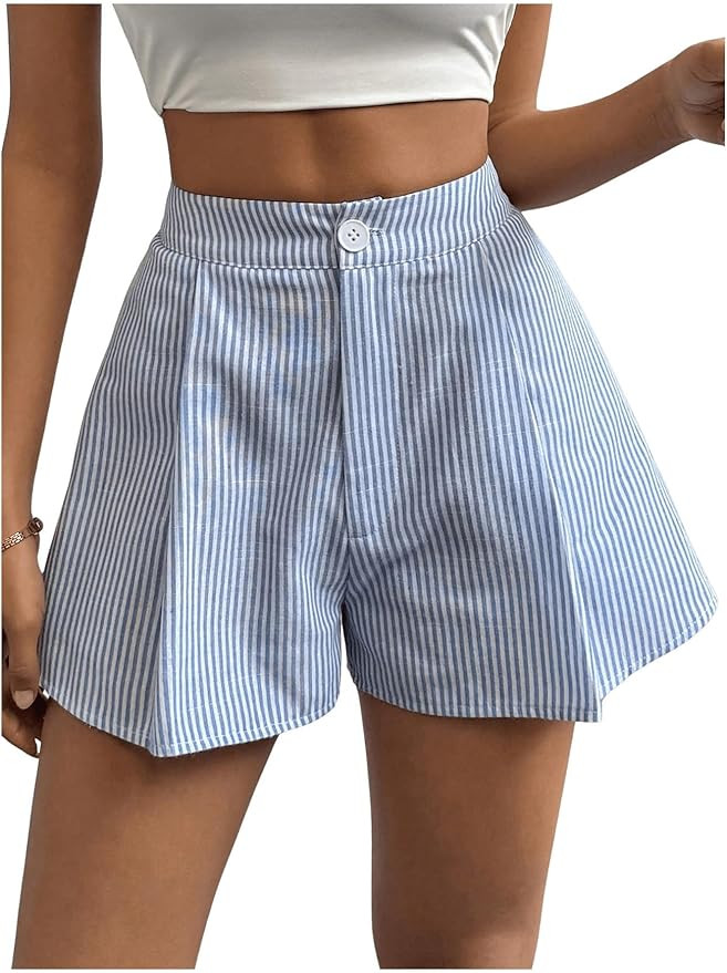 OYOANGLE Women's Striped Pleated Front High Waist Shorts A Line Wide Leg Casual Shorts | Amazon (US)