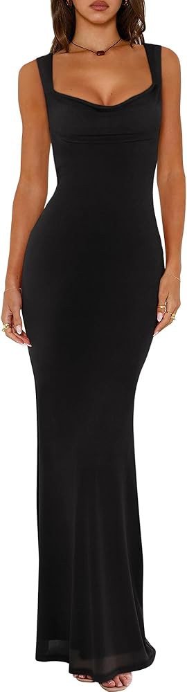 REORIA Women's Summer Cowl Neck Mesh Sleeveless Tank Dress Sexy Double Lined Bodycon Maxi Long Dr... | Amazon (US)