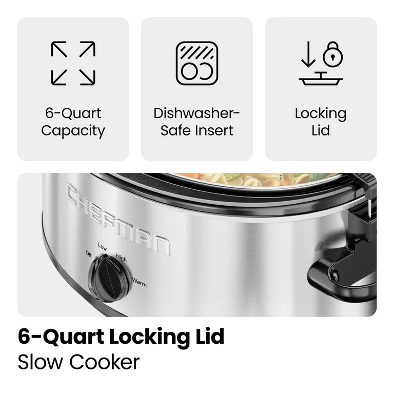 Chefman 6 Qt. Slow Cooker w/ Locking Lid and Three Heat Settings - Stainless Steel, New | Walmart (US)