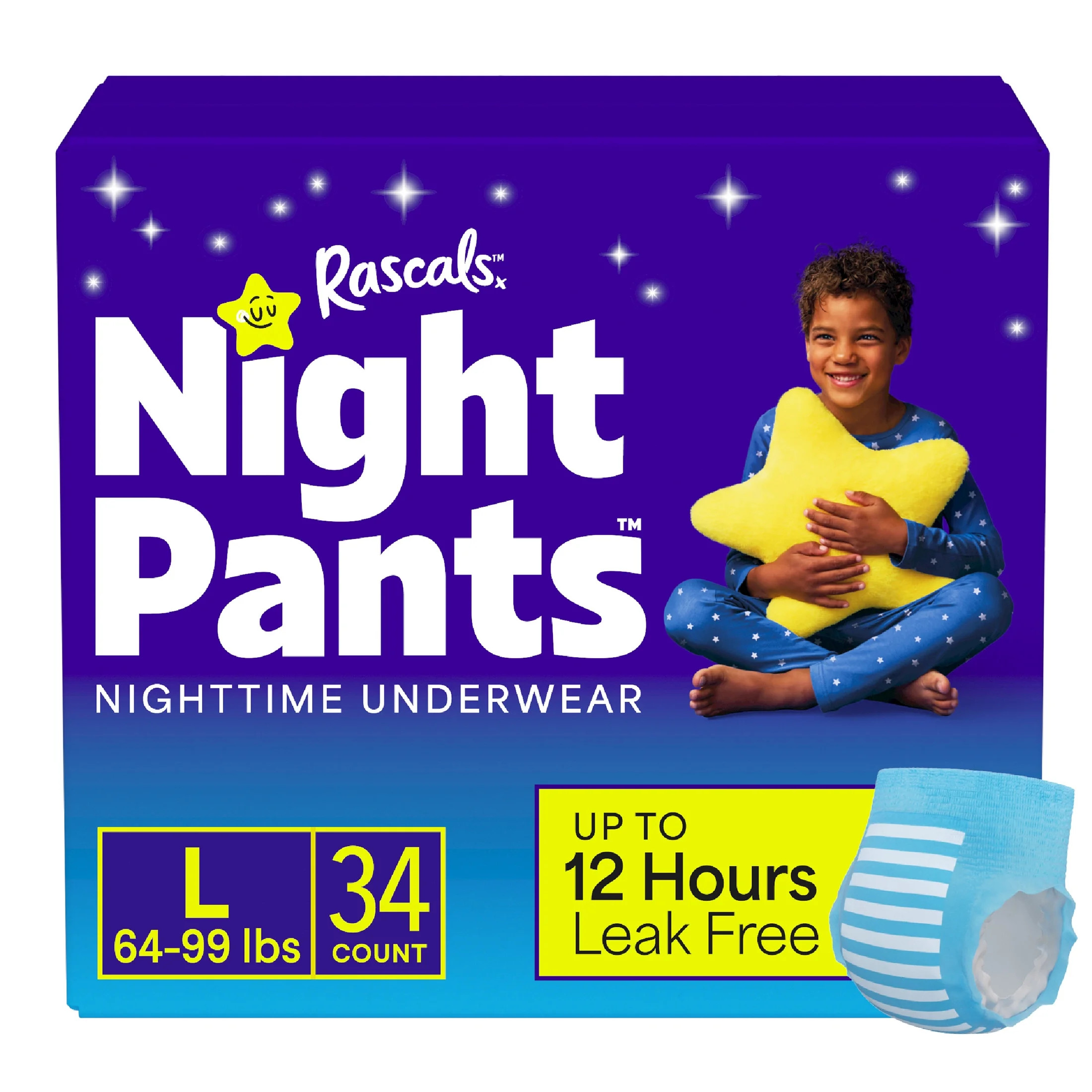 Rascals Night Pants Absorbent Disposable Boys Nighttime Bedwetting Underwear, L (64-99 lbs), 34 C... | Walmart (US)