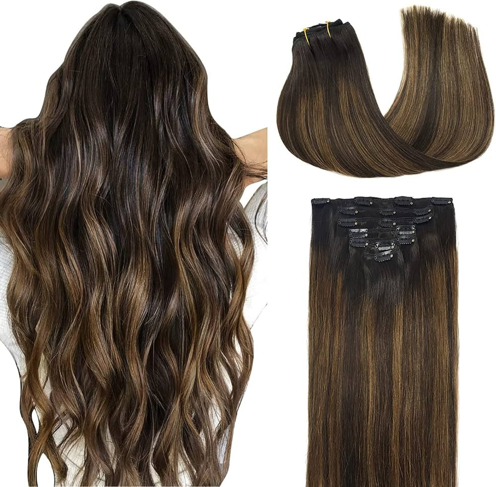 DOORES Human Hair Clip in Extensions Balayage Dark Brown to Chestnut Brown 20 Inch Clip in Hair E... | Amazon (US)