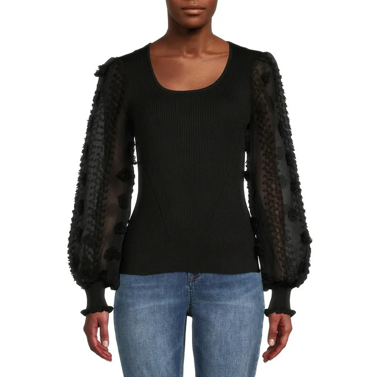 No Boundaries Juniors' Scoop Neck Top with Floral Bell Sleeves - Walmart.com | Walmart (US)