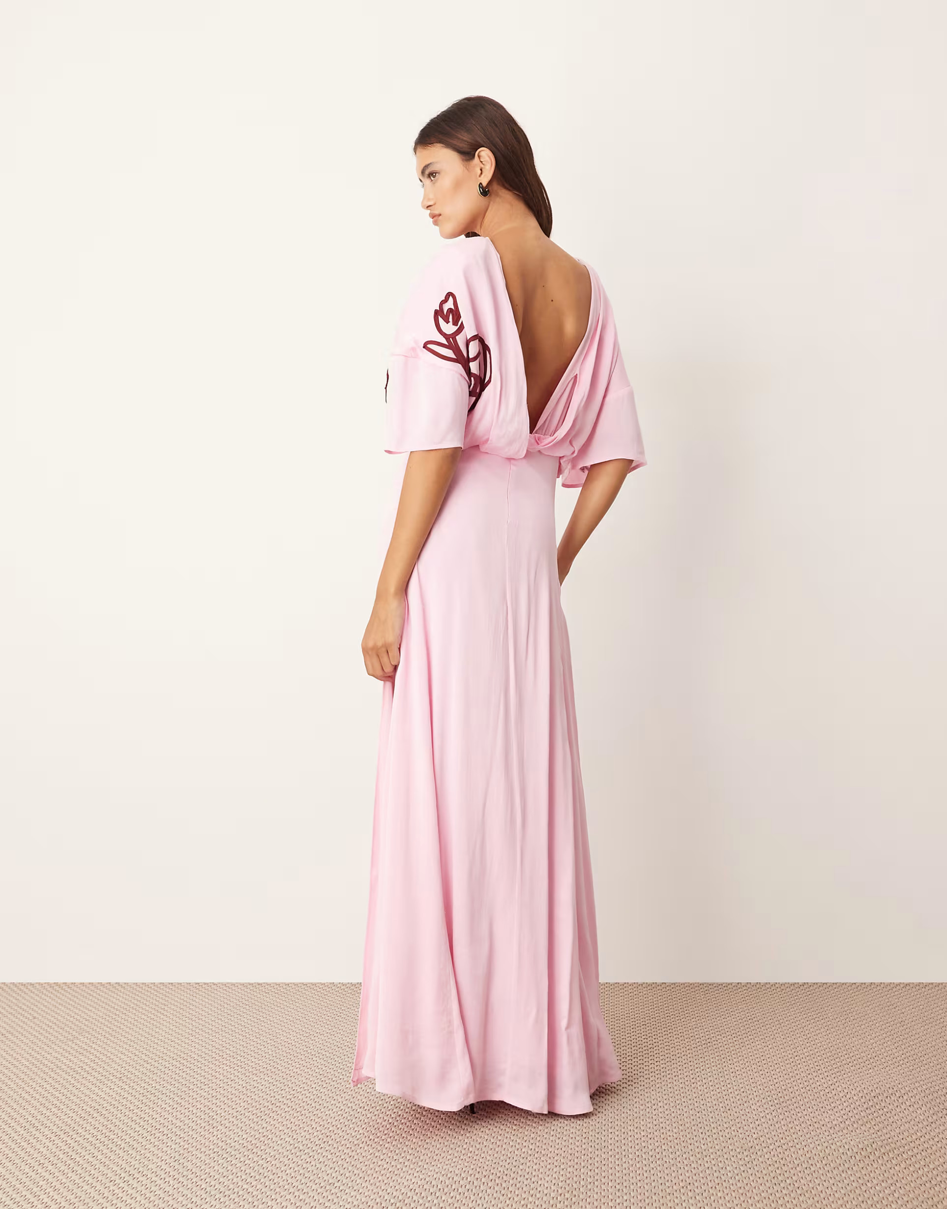 ARRANGE linear floral embroidered low back modern maxi day dress in pink and red | ASOS (Global)