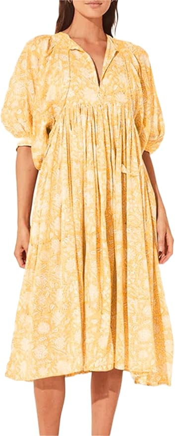 Women 2023 Summer Boho Midi Dress V Neck Puff Sleeve Floral Loose Flowy Swing Sundress Beachwear | Amazon (US)