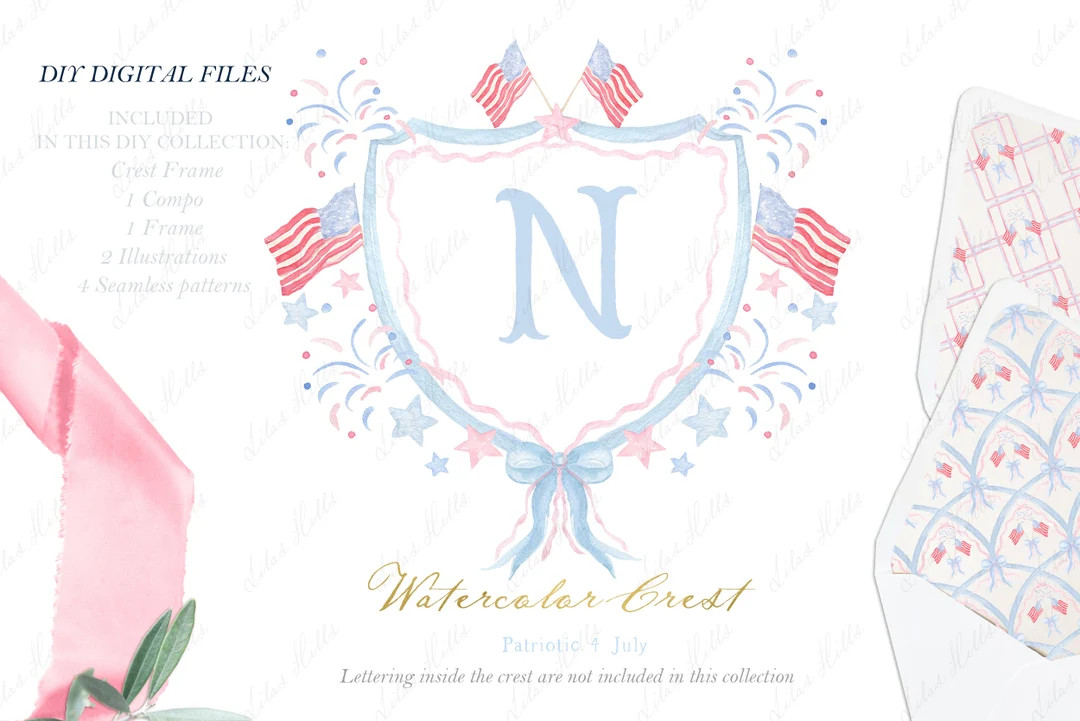 Patriotic 4th July Independence Day  Wedding Family Crest DIY USA, Greenery Digital papers Waterc... | Etsy (US)