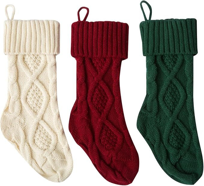 Set of 3 Christmas Knit Knitting Stockings, Ivory White, Burgundy and Green 15 Inch | Amazon (US)