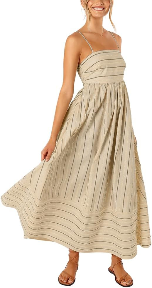 chouyatou Women's Striped Back Smocked Maxi Dress Sexy Spaghetti Strap Cut Out Flowy Swing Long D... | Amazon (US)