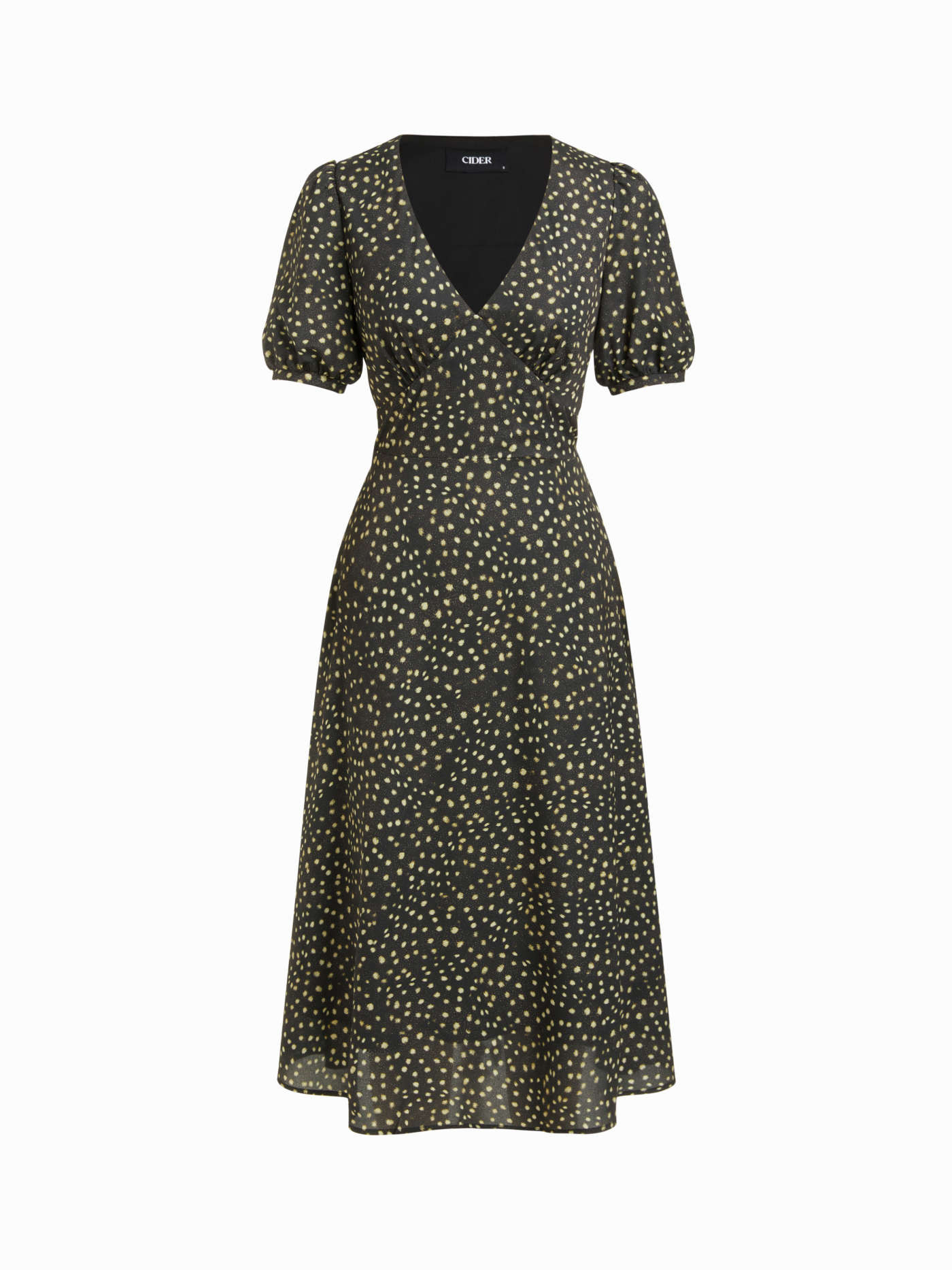 Woven V-neck Polka Dot Tie Back Puff Sleeve Midi Dress For Daily Casual Date Work | Cider