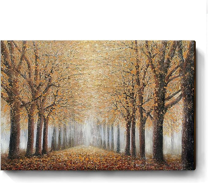 Tree Wall Art for Living Room Hand-Painted Forest Oil Painting Framed Yellow Grove Artwork Autumn... | Amazon (US)