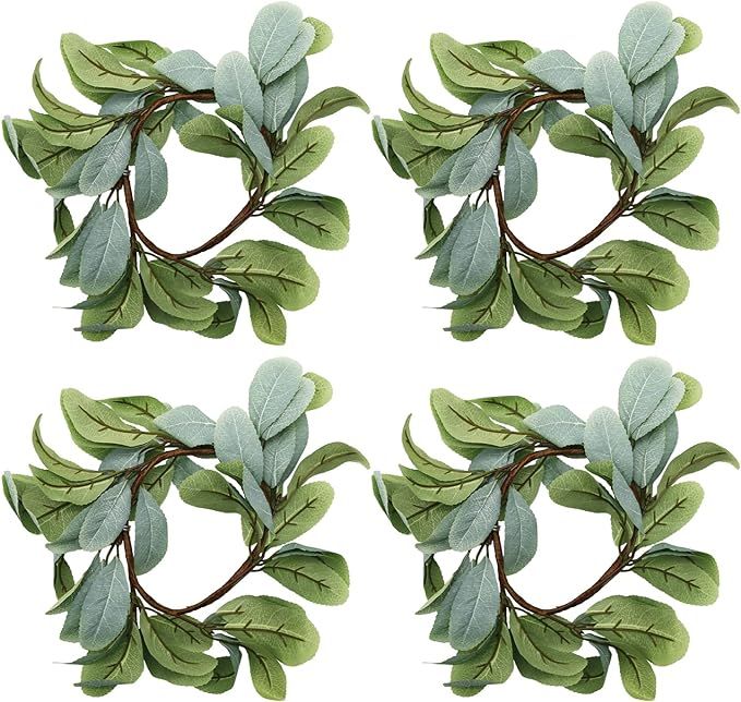 4 Pieces Candle Rings Wreaths 4inch Artificial Eucalyptus Leaves Wreaths,Small Boho Wreath Pillar... | Amazon (US)